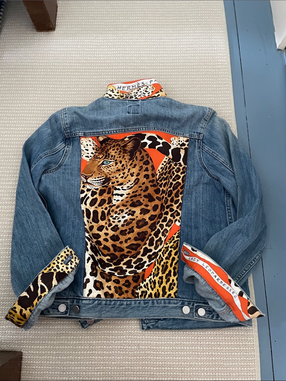 Hermes Blue Denim Jacket with Orange and Leopard Print Panel - Picture 2 of 6